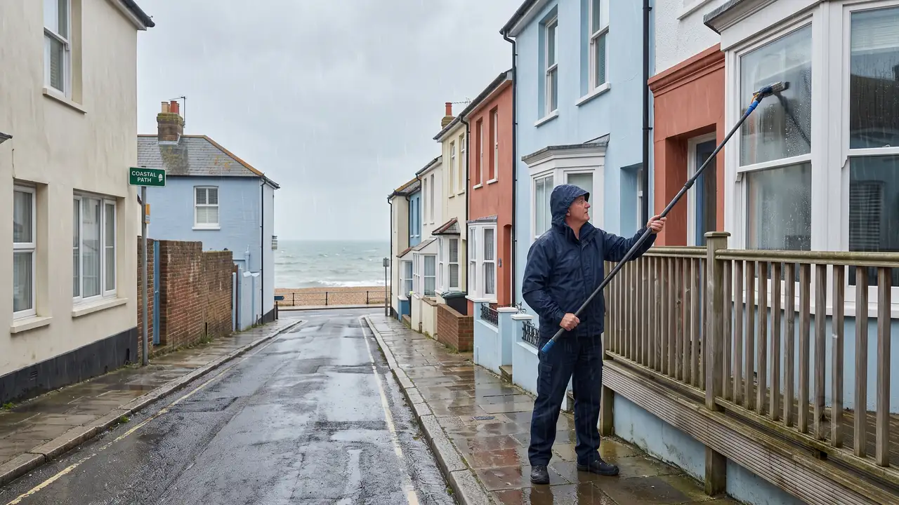 Window cleaner working calmly through light rain with a water-fed pole on a wet seaside street — the round runs whatever the weather