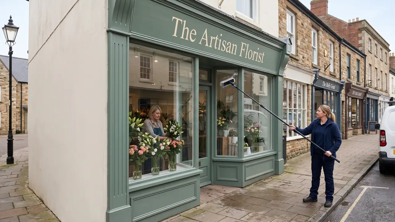 Window cleaner polishing the glass front of an independent high-street florist shop