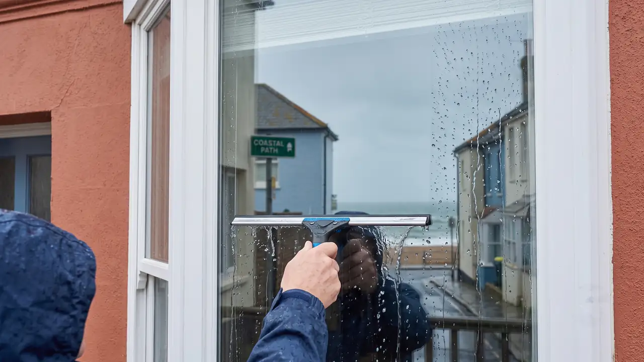 Squeegee finishing a wet pane streak-free with a coastal street reflected in the clean glass